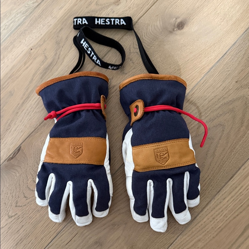 Hestra Navy Blue White Brown Leather Winter Gloves with Red Cord